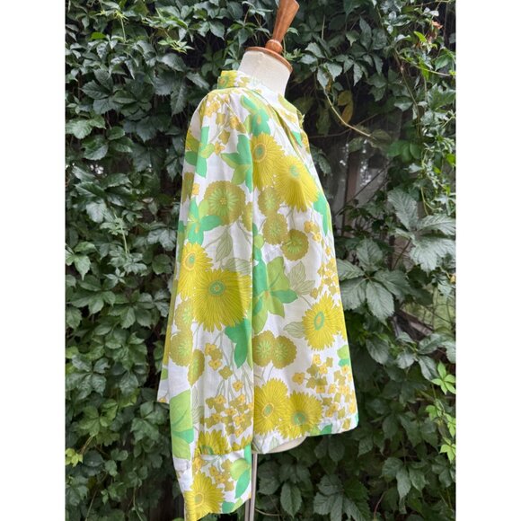 70s Dagger Collar Flower Power Shirt Green Yellow Sheer Floral Volup Custom Made - Picture 8 of 10